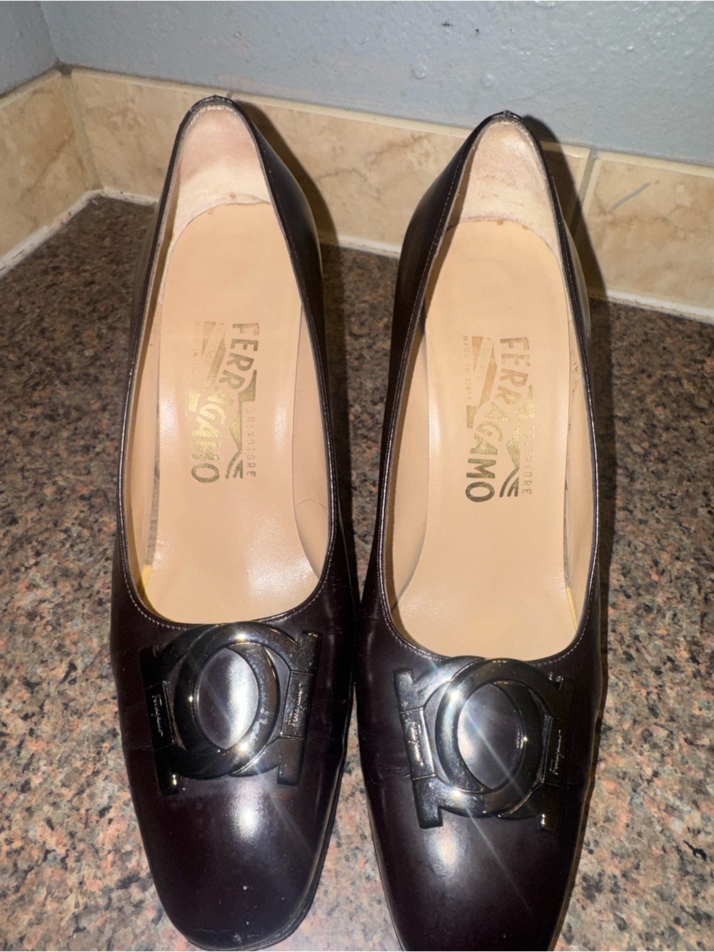 Salvatore Ferragamo Dark Brown Leather Vara Logo heels